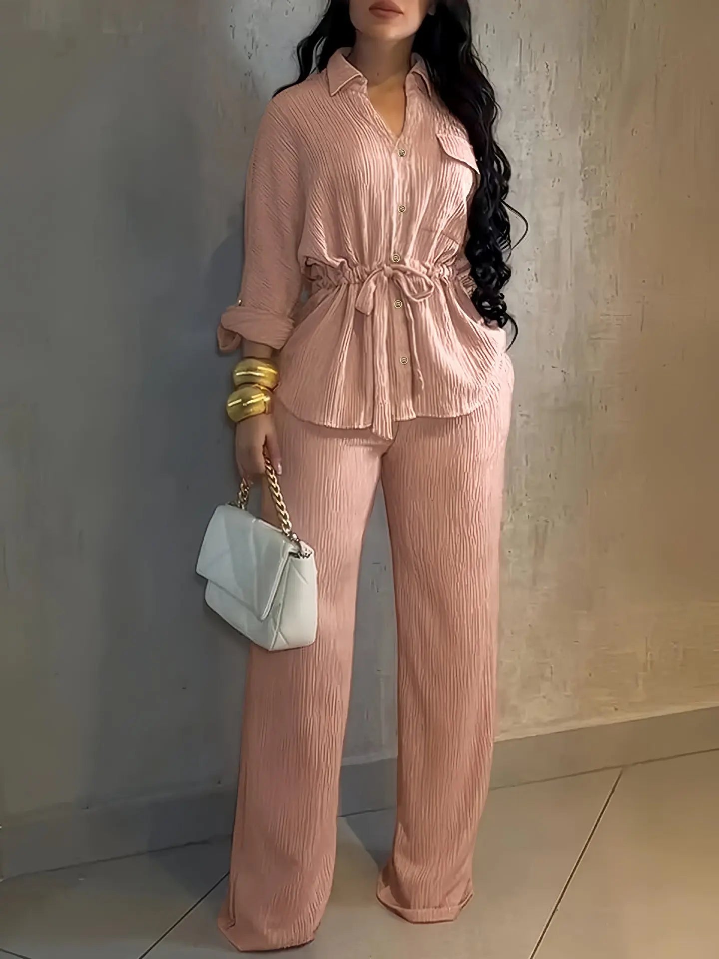 Women's Two Piece Set Lapel Long Sleeve Drawstring Waist Shirt High Waist Loose Wide Leg Trousers Casual Daily Matching Outfit