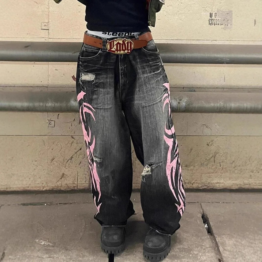 Mottled Totem Print Loose Jeans for Women Harajuku Trendy Hip-Hop Jeans Y2K American Retro High-Waist Wide-Leg Jeans for Women