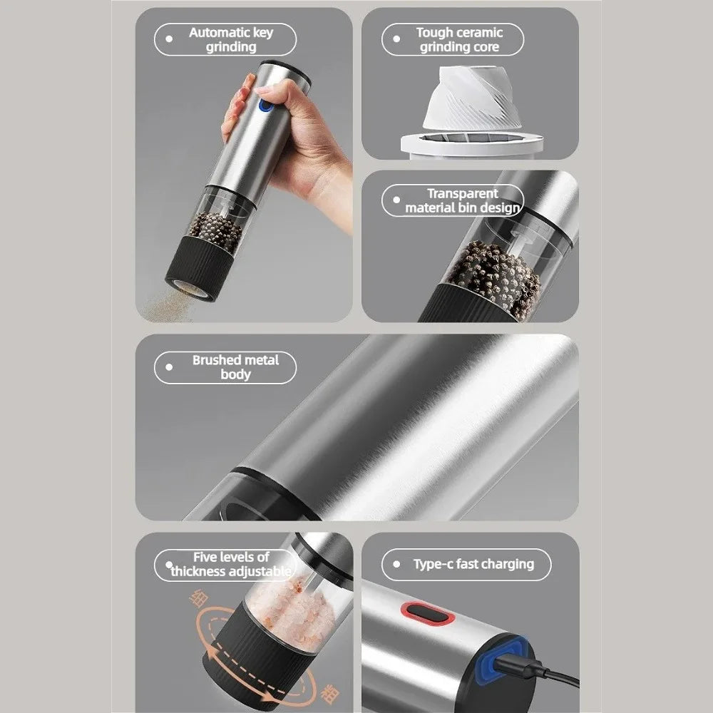 Rechargeable Automatic Salt Pepper Grinder Set Electric Grinding Mill with External Coarseness Adjustment Home Kitchen Gadgets