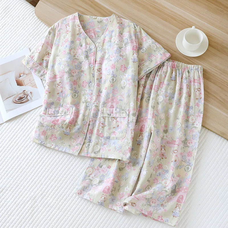 2026 Summer Women's Pajama Set 100% Cotton Double layer Gauze with Chest Cushion Short Sleeve+Seven piece Pants Two piece Set