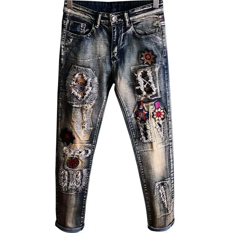 Trousers Torn Men's Jeans Embroidery Man Cowboy Pants with Holes Graphic Broken Ripped Cropped Retro Luxury Plus Size Cheap Goth
