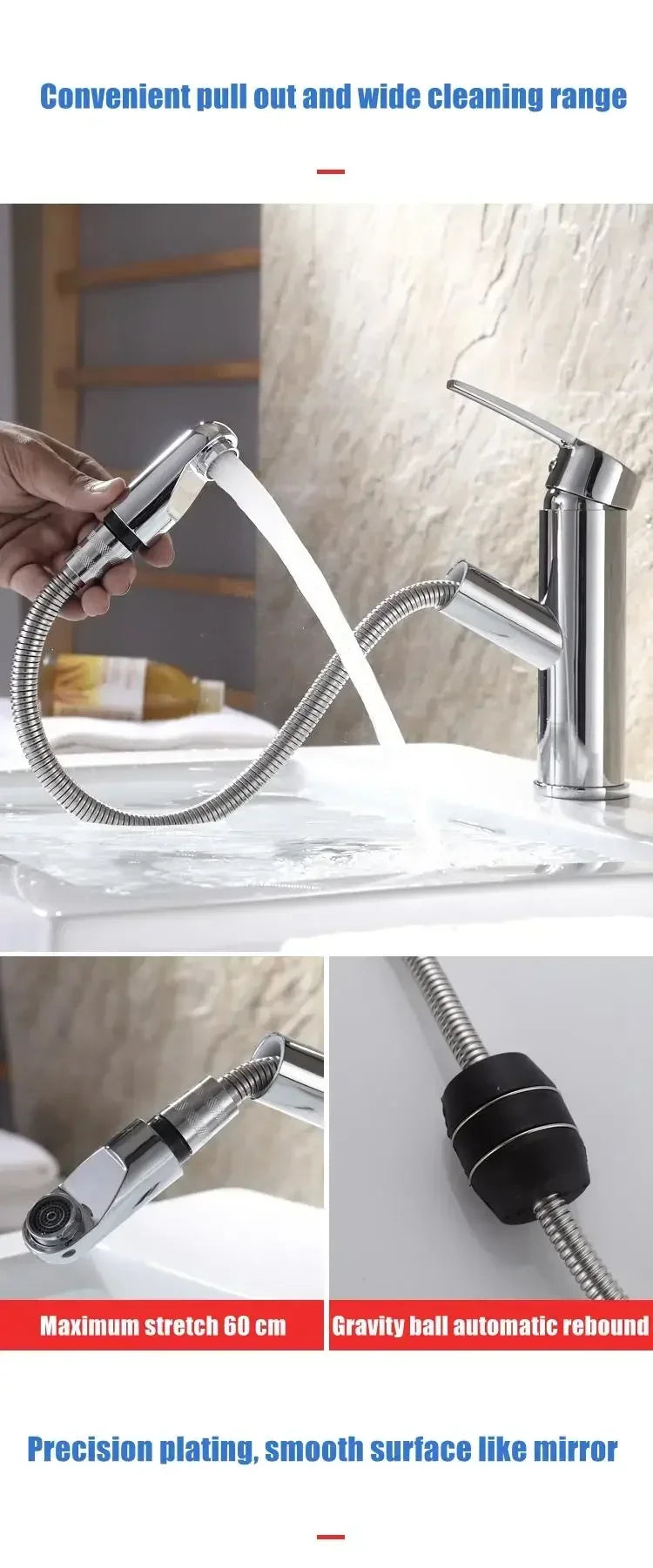 Pull-out Type Faucet Bathroom Basin Hot and Cold Water Tap Household Countertop Single Handle Faucet Bathroom Accessories