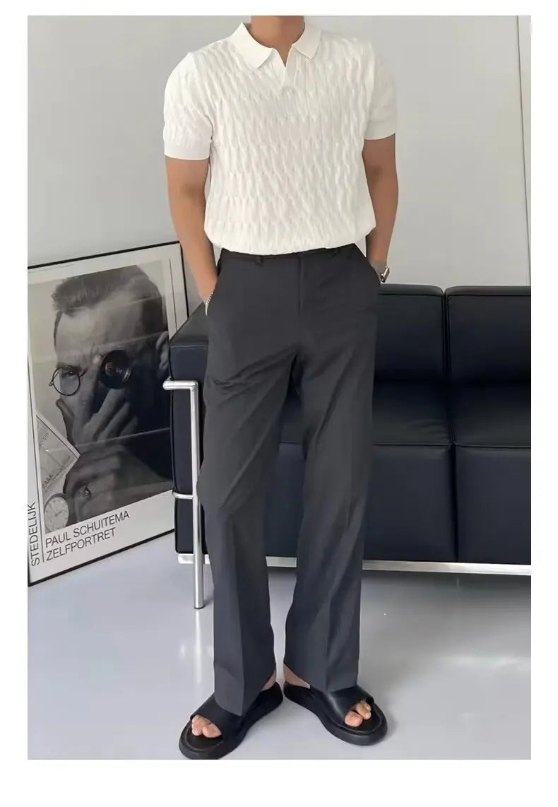 Trendy Polo Shirt for Men Summer Solid Color Top Versatile Knit Style Korean Short Sleeves Casual Fashion T-shirt