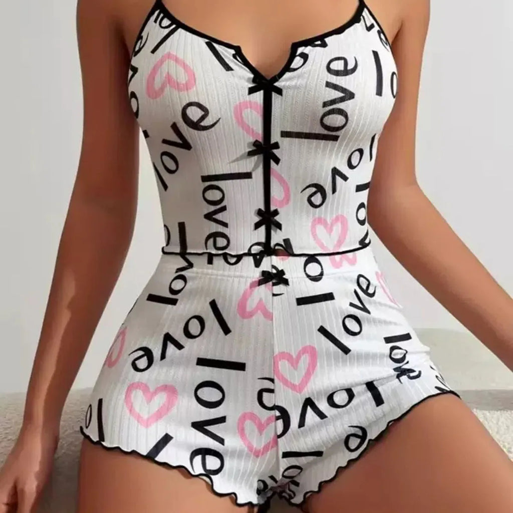 Sexy Heart Print Pajama Set for Women Sleepwear Silk Stain V-Neck Sleeveless Casual Cami Top and Shorts Sets Loungewear