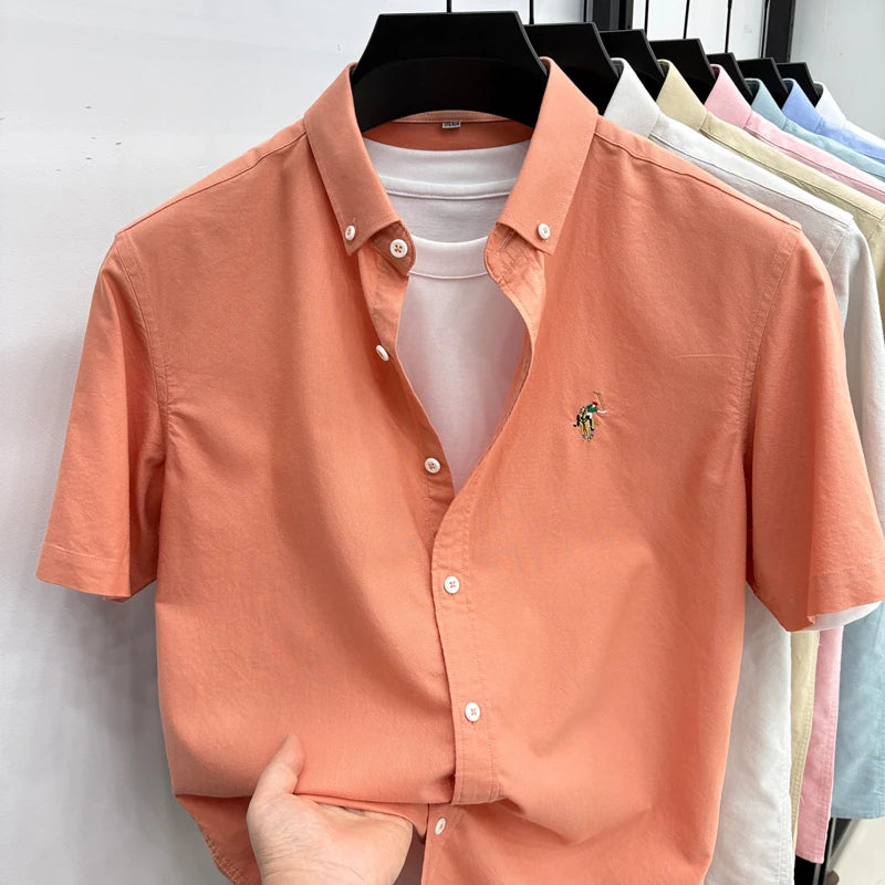 Short Sleeved Shirt Men's Summer New Item Pure Cotton High-end Brand Little Horse Logo Embroidered Casual Shirt
