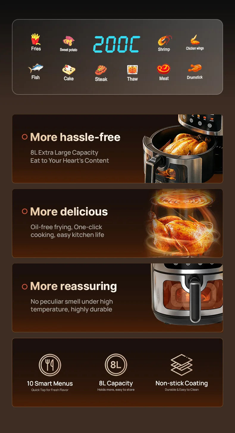 Oven Oilless Cooker with Touch Control Nonstick Basket Visible Window 8L Air Fryer with Electric Hot Fryer
