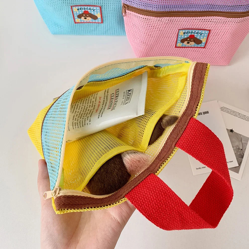 Women's Color-Block Mesh Makeup Bag with Top Handle and Cute Patch Small Cosmetic Pouch for Daily Travel Essentials Storage