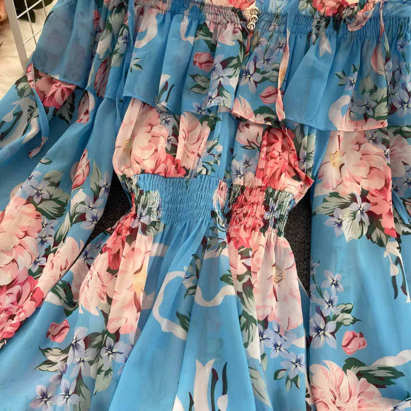 2025 New Retro Summer Beach Vacation Dress Women Sexy Strapless Lantern Sleeve Sweet Floral Jumpsuit Short Chiffon Print Dresses
