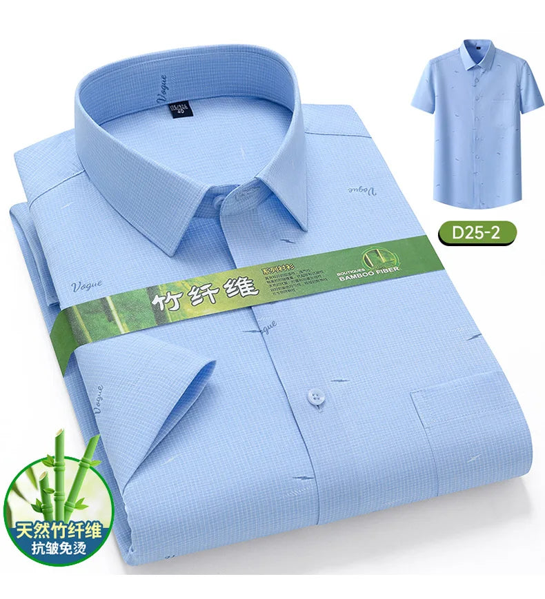 Men's Summer Bamboo Fiber Shirt Short Sleeve Lightweight Casual Breathable Soft Fabric Easy Care Slim Fit Business Casual Wear