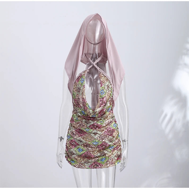 Glitter Halter Tie Women Short Dress Bright Tone Bare Back Slim Fit Tie Strap Halter Dress Slim Line Festive Party Gather