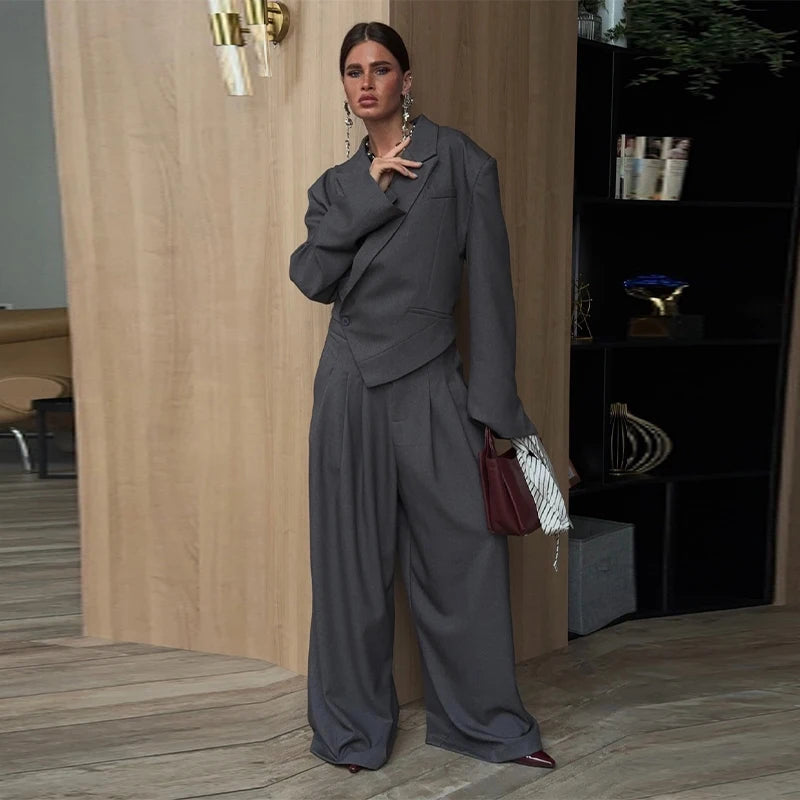 Pockets Loose Turn-down Collar Women Set Irregular Lapel Crop Suit Jacket Pleated Wide Leg Pants 2026 Spring Autumn Outfits