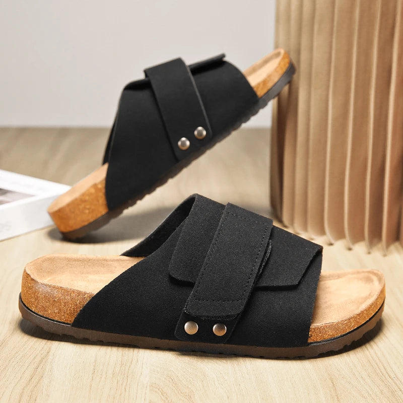 Men's Cork Slippers Suede Leather Clogs with Open Upper Comfort Footbed Adjustable Sandals Slides Indoor Home Shoes Women Couple
