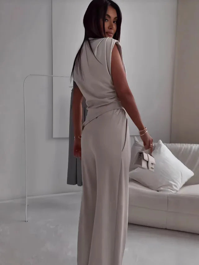 Women's Sleeveless High Waist Wide Leg Pants Set Elegant Solid Color Casual Two Piece Outfit for Summer Office Wear Fashion
