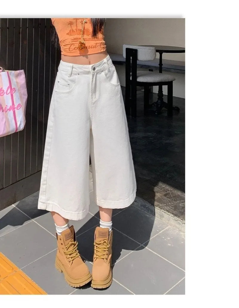 Retro High Waist Wide-leg Jeans Women Summer New Fashion Loose Straight Calf-Length Denim Pants Female Orange Whiter Cowboy Pant