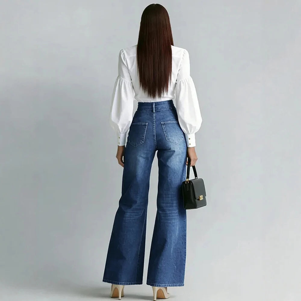 Women's Stylish Double Gold Zipper Denim Jeans Casual High Waist Vintage Straight Tube Wide Leg Flared Streetwear Denim Trousers