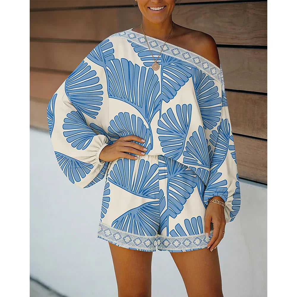 Women's Tropical Leaf Print 2 Piece Set Skew Neck Lantern Sleeve Top and Elastic Waist Shorts with Pockets & Lace