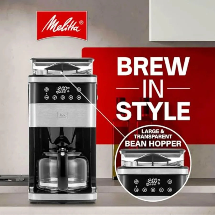 10-Cup Automatic Drip Coffee Maker with Built-in Burr Grinder Programmable 5-Pack Filters Included Stainless Steel Finish Keeps