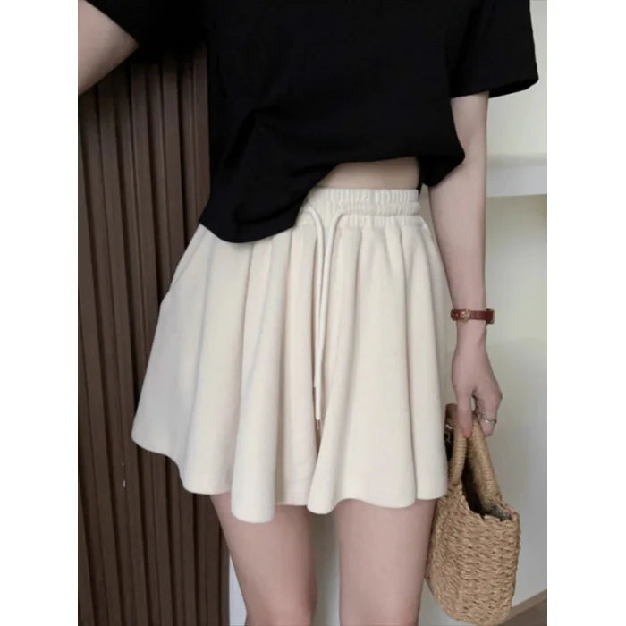 Women High Waist Drawstring Skort Solid A Line Wide Leg Casual Sports Pleated Shorts