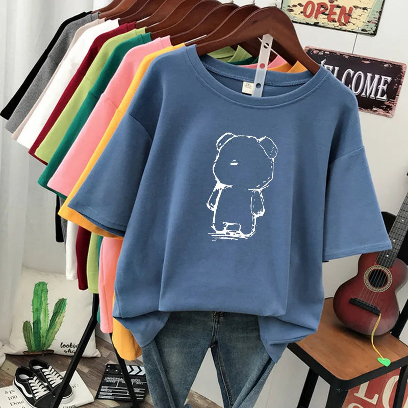 plus Size Women's Cotton T-Shirt Loose Fit Short Sleeve round Neck Print Design Comfortable Casual Style Korean Fashion