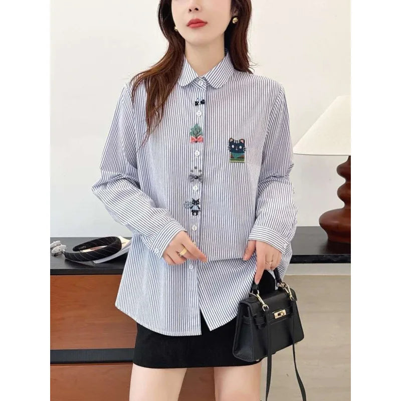 Sweet Cartoon Cat Embroidery Long Sleeve Shirt Women's Casual Style Spring Fashion Artistic Loose Fit Cotton Shirt