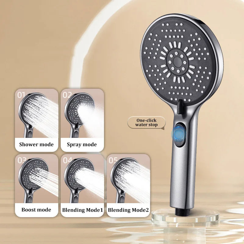 Bathroom Shower Head 5-function Large Water Output Booster Filter Handheld Shower One-button Water Stop Silicone Panel