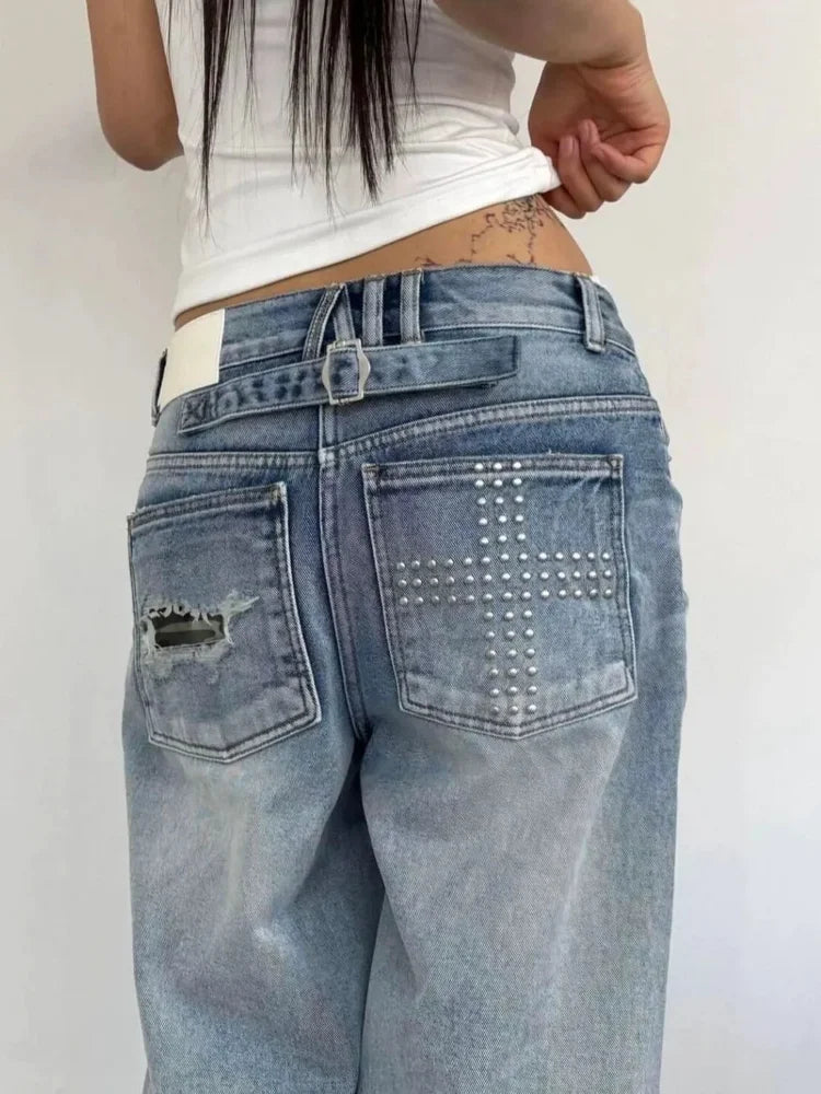 Summer Jeans Women Washed Distressed Rhinestone American Vintage Y2K Street Style Straight Loose Wide Leg Draping Jean Pants