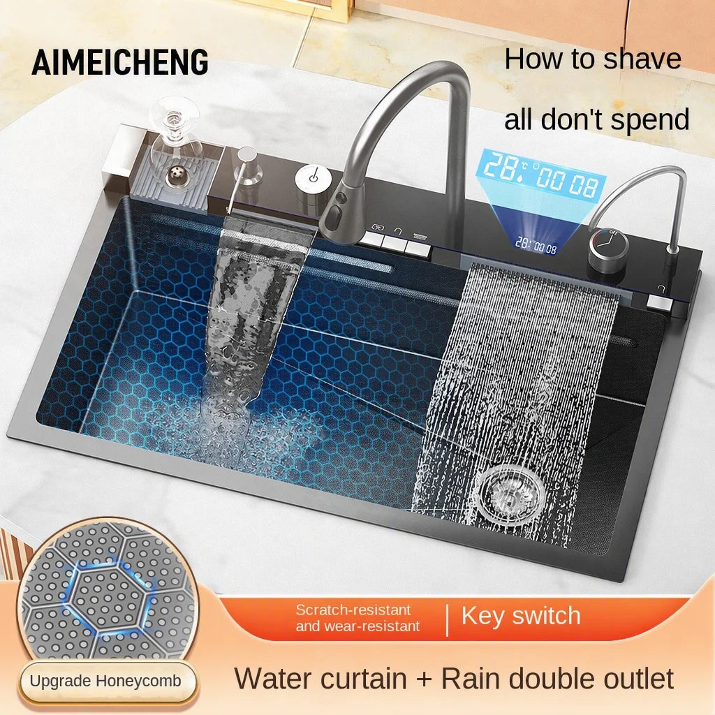 Stainless Steel Waterfall Kitchen Sink Digital Display Extra Large Single Bowl Multifunctional Household Vegetable Washing Sink