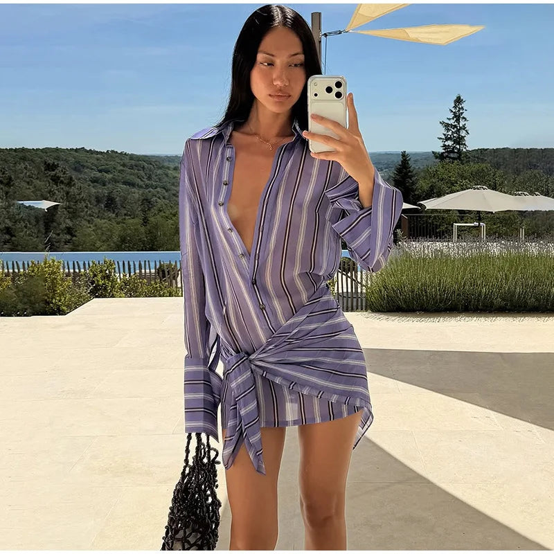 Stripe Wrap Tie Shirt Mini Dress Lapel Collar Long Flare Sleeve Loose Casual Dresses 2026 Summer Beach Vacation Fashion Outfit