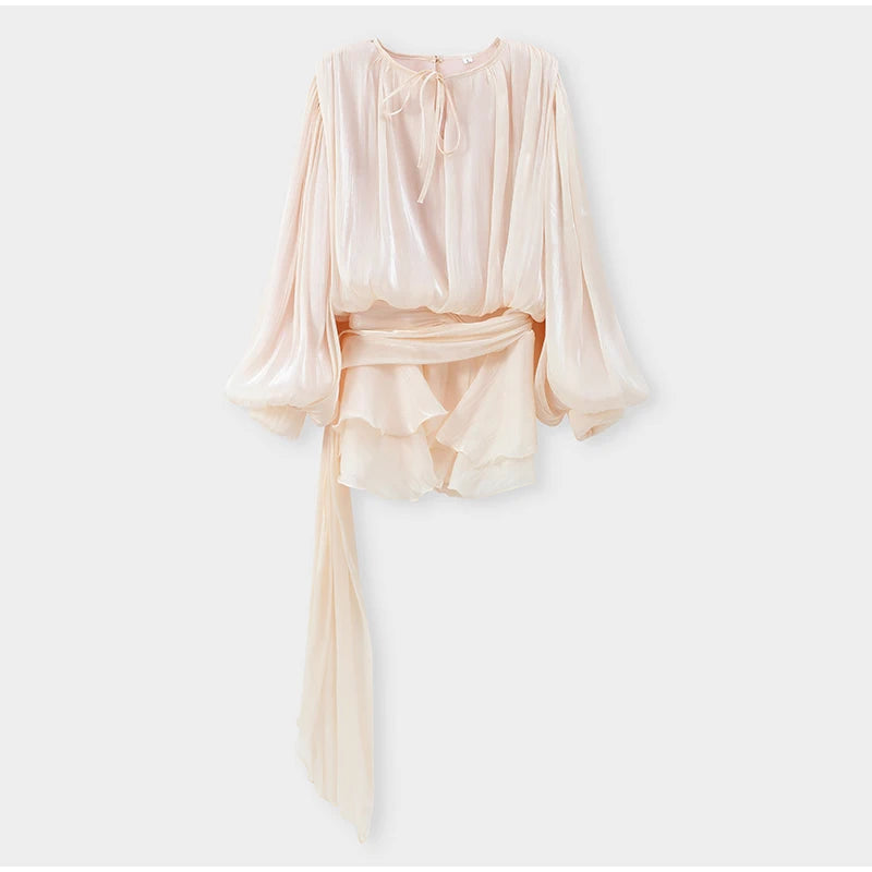 Elegant Shiny Pleated Mini Dress Women Lantern Sleeve Lace Up V Neck Vestidos 2026 Lady Spring New Evening Party Vacation Robes