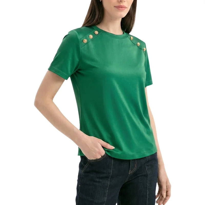 Fashionable Short Sleeve T-Shirt Women's Slim Fit Solid Color Summer 2026 Casual round Neck Polyester Blend Top