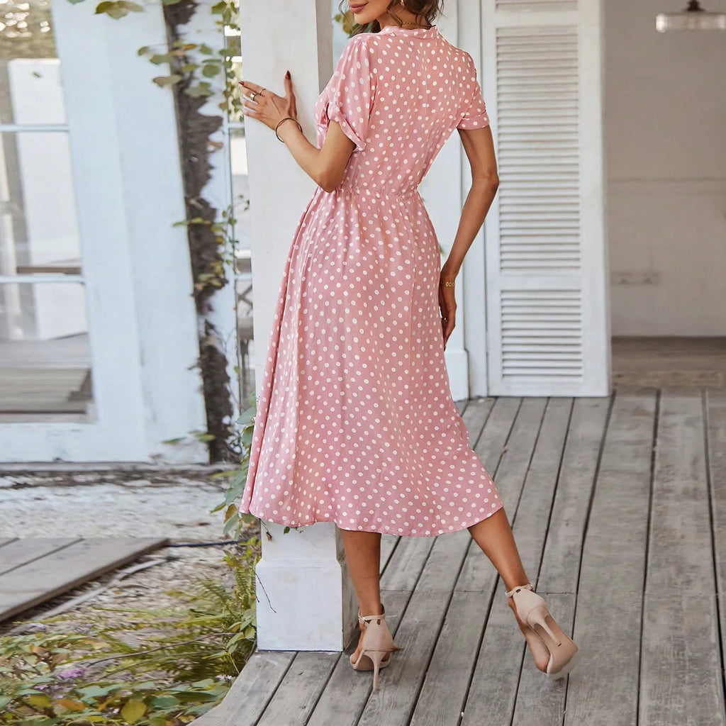 Elegant retro polka dot dress Women's Summer Midi Dress V Neck Single Breasted Short Sleeve Dresses Fashion Print Dress