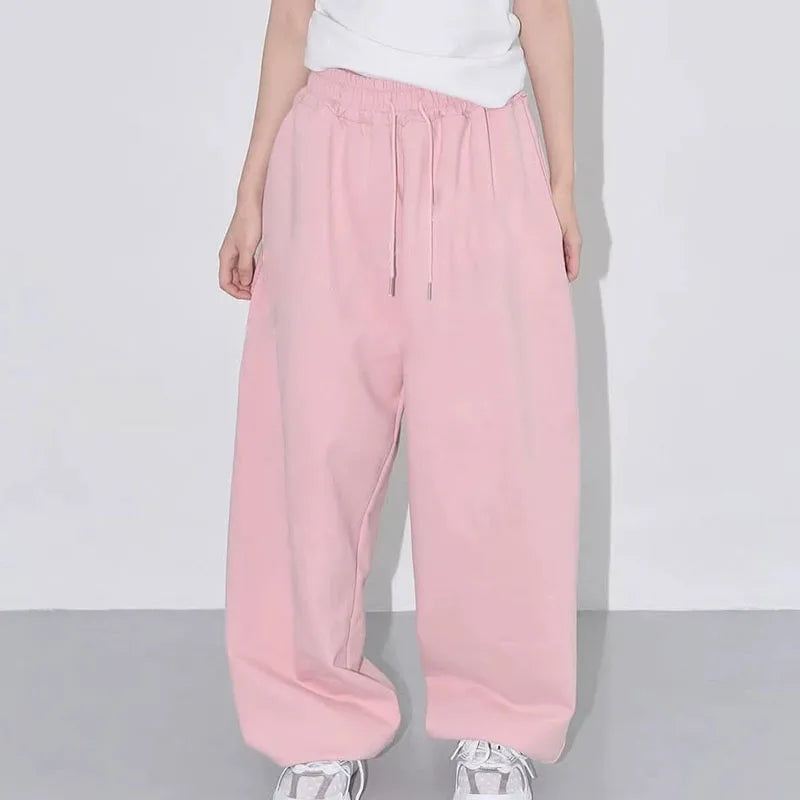 Women Drawstring Elastic Waist Wide Leg Sweatpants Solid Color Loose Baggy Jazz Dance Streetwear Casual Daily Jogger Pants