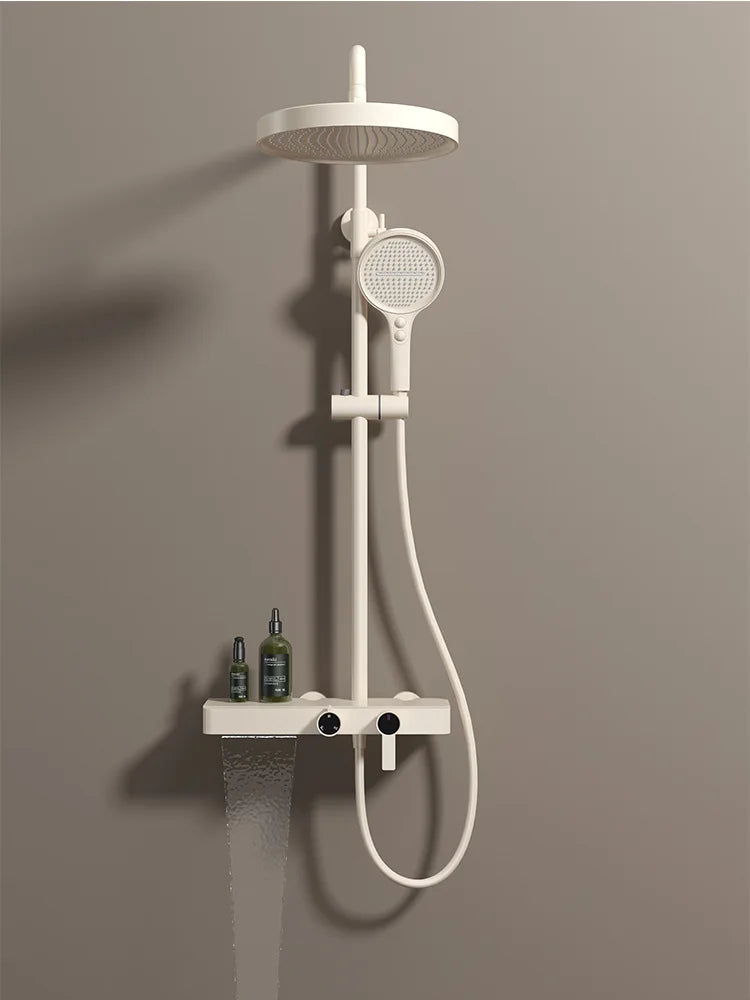 White Bathroom Shower System Set SDSN 12 Inch Round Rainfall Shower Head Brass Bathroom Faucet Hot Cold Gold Bathroom Shower Set