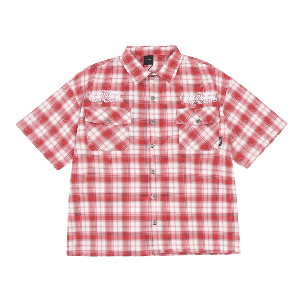 Chicano Safari Short Sleeve Shirt Mens Summer Streetwear Casual Loose Letter Embroidery Lapel Plaid Shirt Man