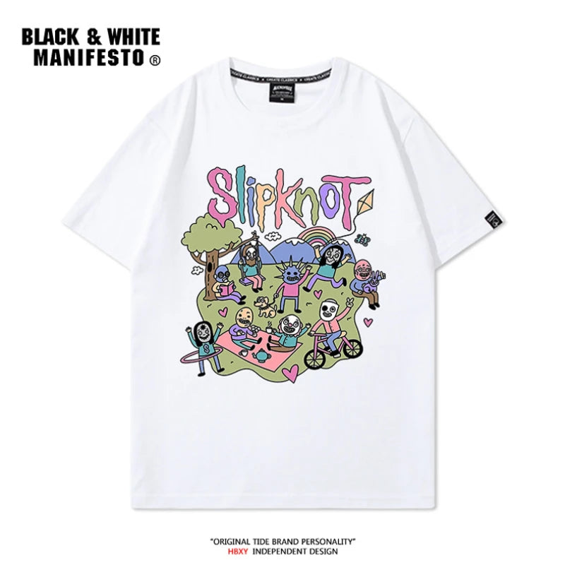Rock Retro Slipknot T-Shirt Short Sleeve Men's Heavy Metal Cartoon Printed Loose Top Half Sleeve