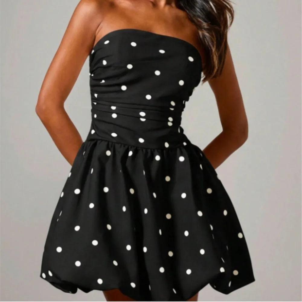 Polka Dot Print Tube Top Dress Summer Women's New Casual Loose Sexy Sleeveless Short Puffy Dress Vestidos De Fiesta Elegantes
