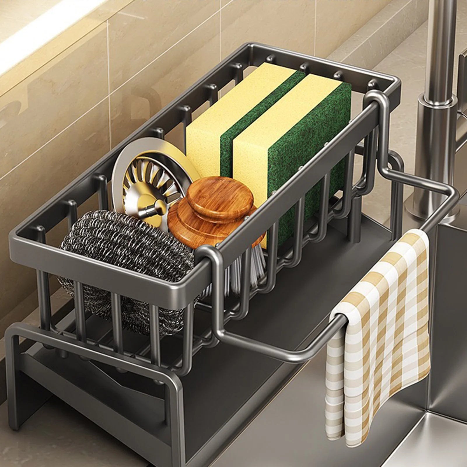 Kitchen Sink Organizer Countertop Rack Multifunctional Sponge/Cleaning Cloth/Brush Holder Drain Rack Dish Soap Storage