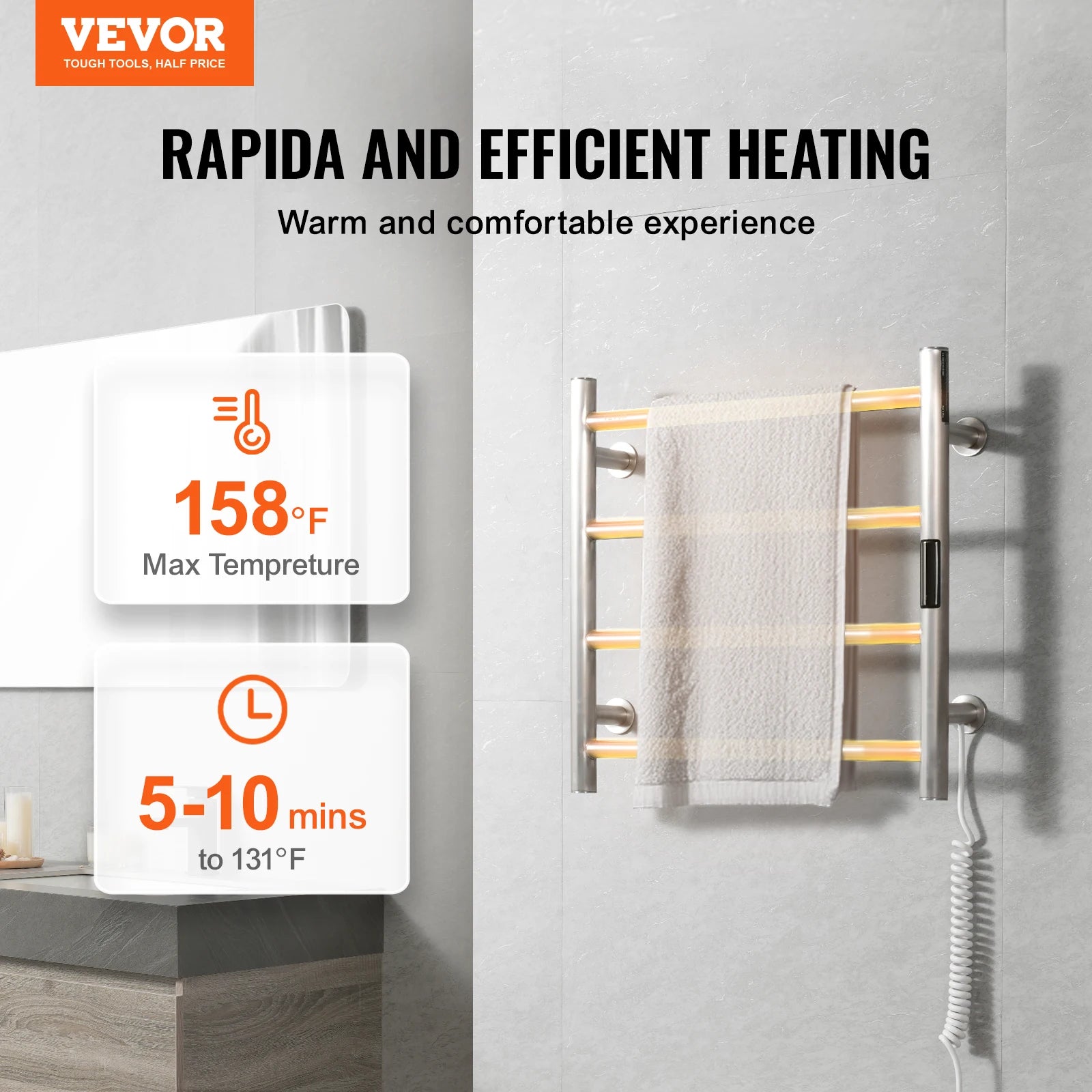 SucceBuy 4/6/8/10 Bars Towel Warmer Rack Wall Mounted Heated Towel for Bathroom IPX5 Waterpoof 5 Levels Temperature Towel Heater