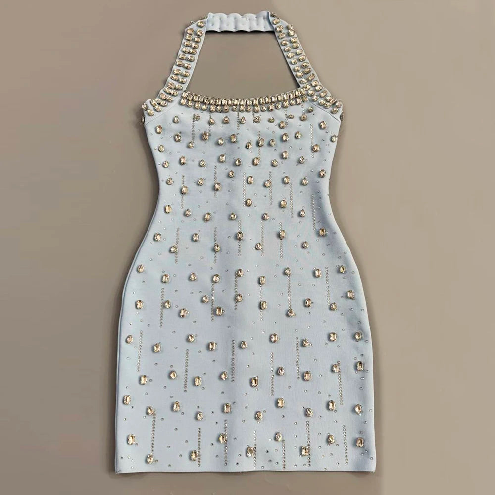 Luxury Diamond Rhinestone Women Summer Halter Bandage Dress Club Evening Party Mini Dresses