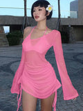 Women's Solid Skew Collar Ruched Straps Lace-Up See through Draw String Mini Dress Summer 2025 Party Clubwear