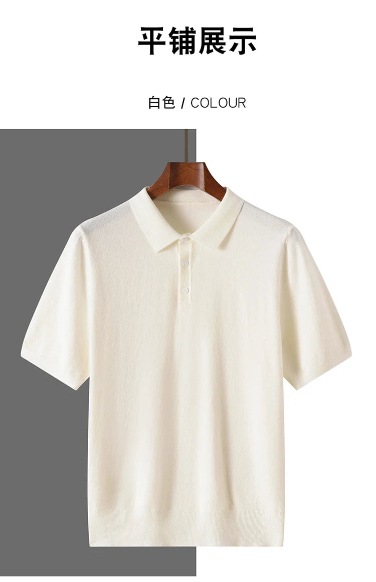 New summer 100% pure wool men's short sleeve polo neck T-shirt fashion youth casual Joker shirt thin T-shirt sweater
