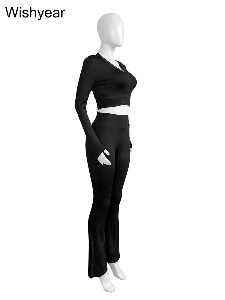 Fashion Solid 3 Pieces Sets Women Long Sleeve Crop Tops+Tanks+Flare Pants Active Fitness  Jogging Tracksuits Streetwear Outfits