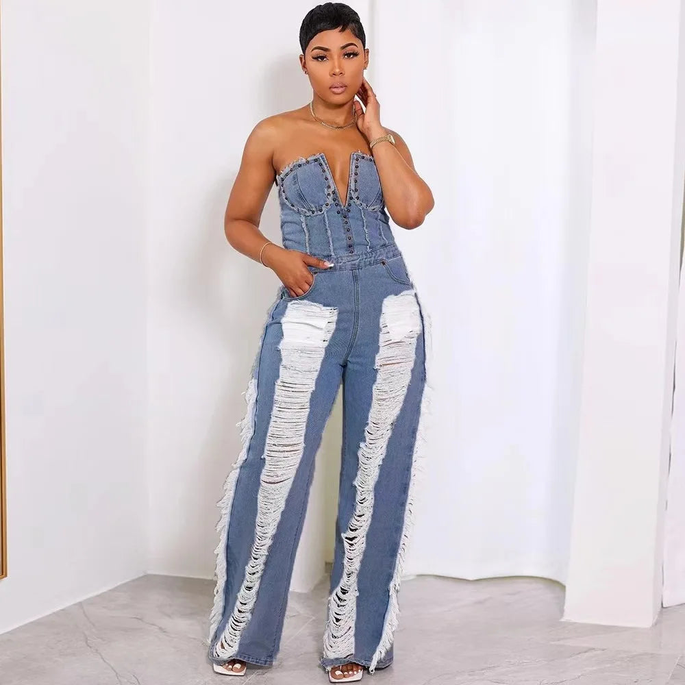 Tassel Hollow Out Overalls For Women Studded Diamond Strapless Backless Jeans Street Fashion Trend Jumpsuite Femme