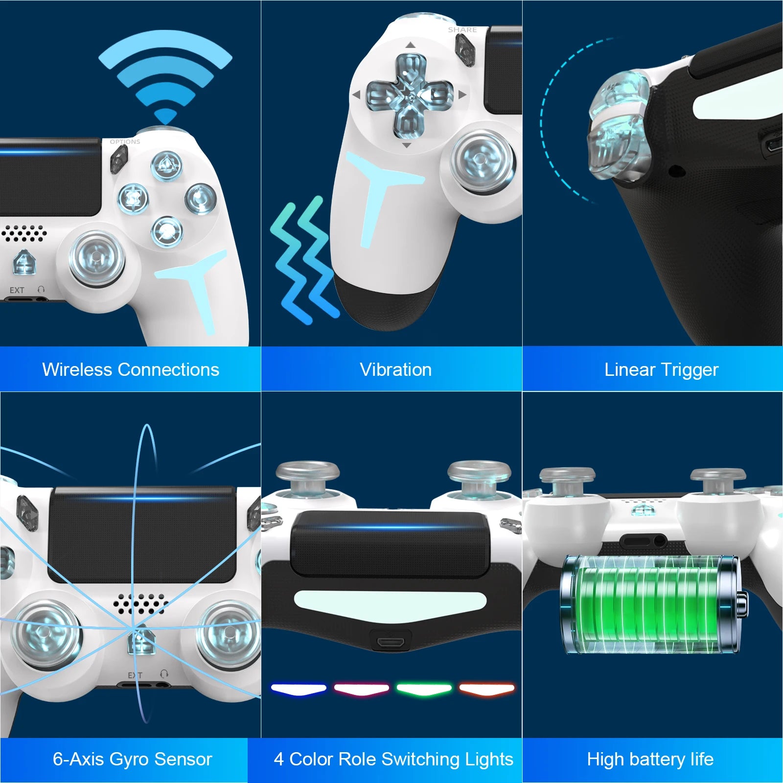 GAMINJA Wireless Game Controller For PS4 PS3 Console Computer PC RGB Light LED Bluetooth Gamepad 6-axis Gyroscope Dual Vibration