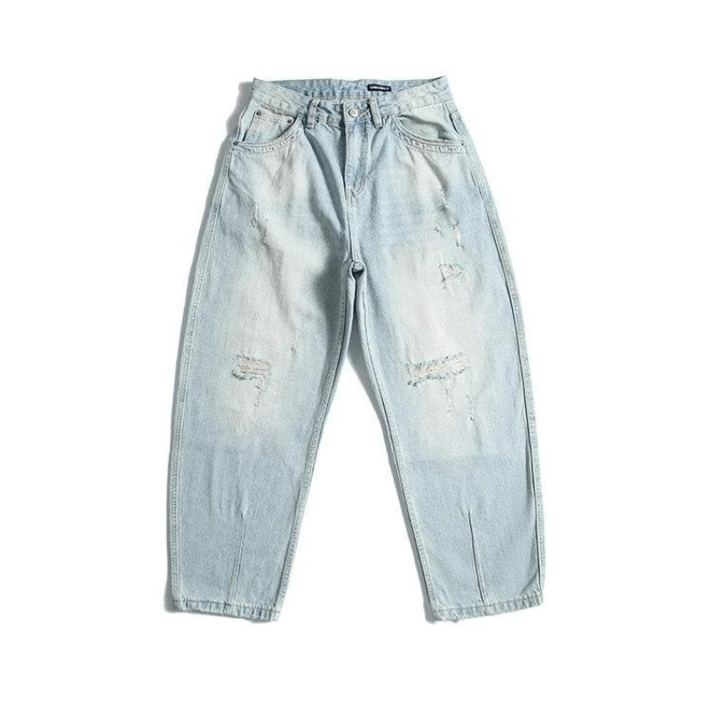 Mens Jeans American Vintage Light Blue Washed Distressed Ripped Patch Baggy Loose Curved Tapered Denim Pants Streetwear Hip Hop