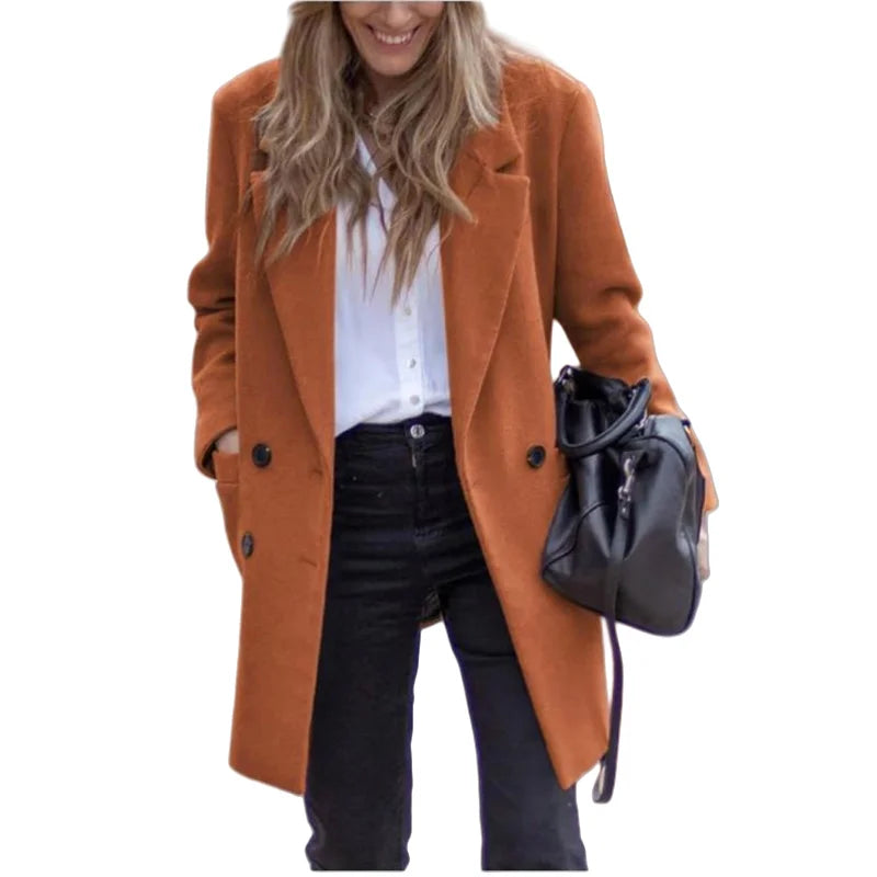 Winter Women's Wool Blend Coat Double Breasted Turn-down Collar Female Outerwear Fashionable Warm Clothing for Ladies