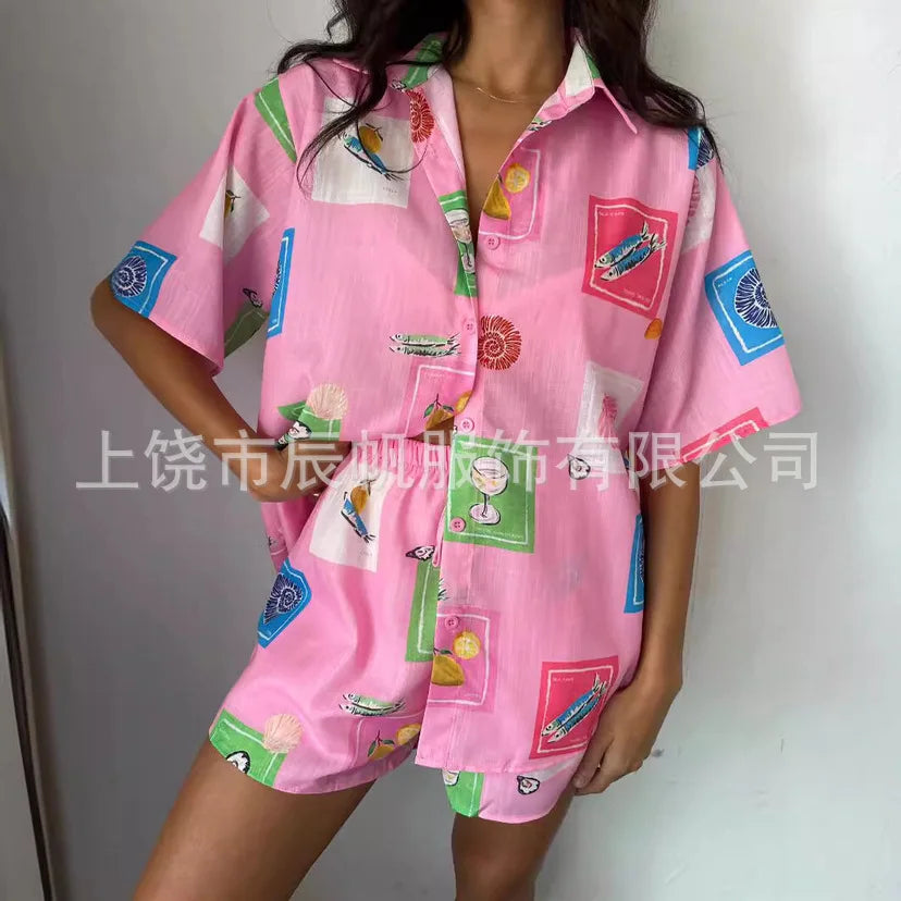 Women Summer Fashion Shorts Sets Retro Print Sleeve Shirt Shorts Suit New Casual Loose Female Beach Vacation Shorts 2 Piece Set