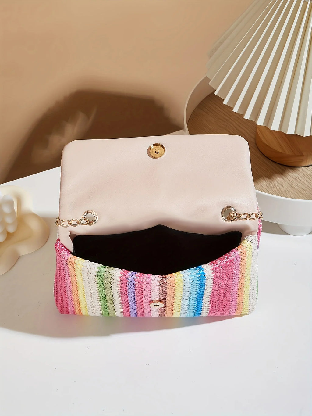 Chic Rainbow Stripe Straw Crossbody Bag for Women Adjustable Shoulder Strap Magnetic Closure Tassel Accent, Fashion Square Purse