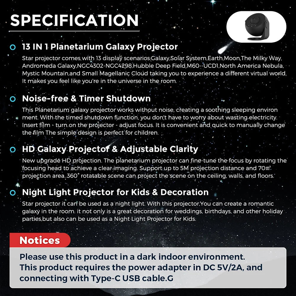 13 In 1 Galaxy Ultral Star Projector HD Image Area LED Night Light, 13 Film Discs,360° Rotate 1/2h Timer for Kids&Adults Bedroom