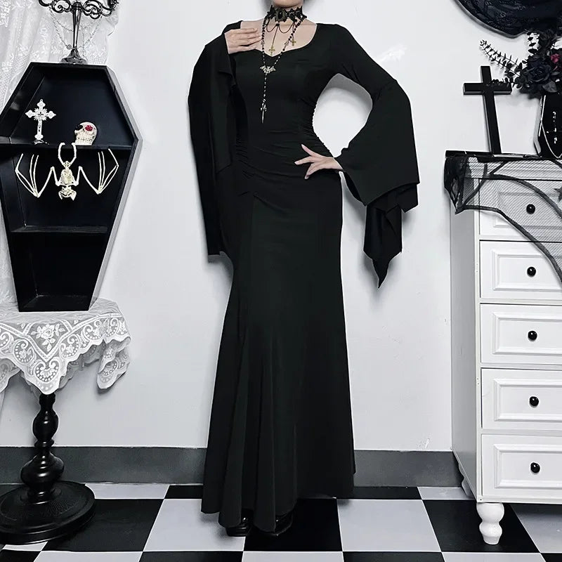 Halloween Costume Women Batwing Sleeve Floor Dress Black Gothic Evil Terror Maxi Mistress Morticia Addam Family Outfit For Adult